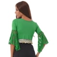 thumbnail image 2 of Haitryli Women Glitter Bead Tassel Belly Dance Top Lace 3/4 Flared Sleeves Shawl Crop Tops Dancewear Green L, 2 of 5