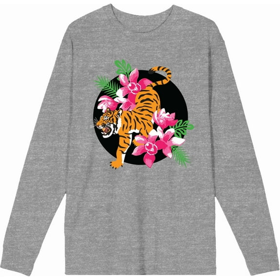 Natural World Tiger & Flowers Heather Gray Adult Crew Neck Long Sleeve Tee-Medium