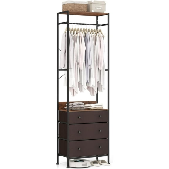 Clothes Rack, Freestanding Closet Organizer with 3 Fabric Drawers, 3-Position Hanging Rod, Storage Shelves, Anti-Toppling Devices, Heavy-duty Coat Rack for Entryway, Bedroom and Cloakroom