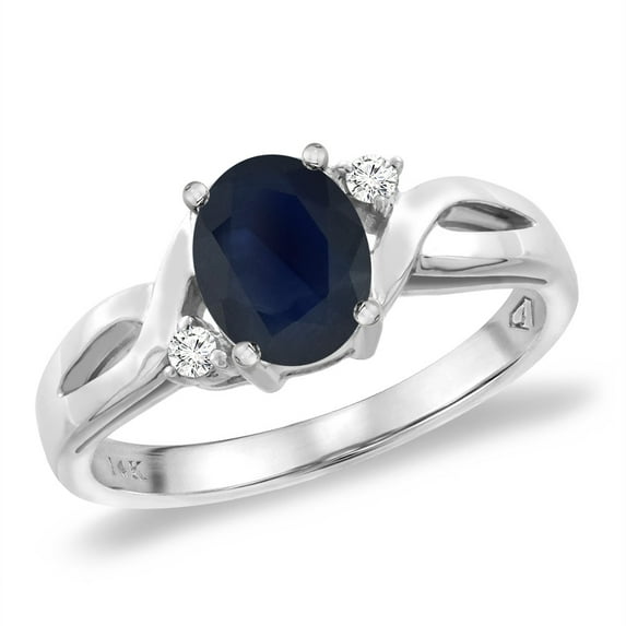14K White Gold Diamond Natural Blue Sapphire Engagement Ring Oval 8x6 mm, size 8.5