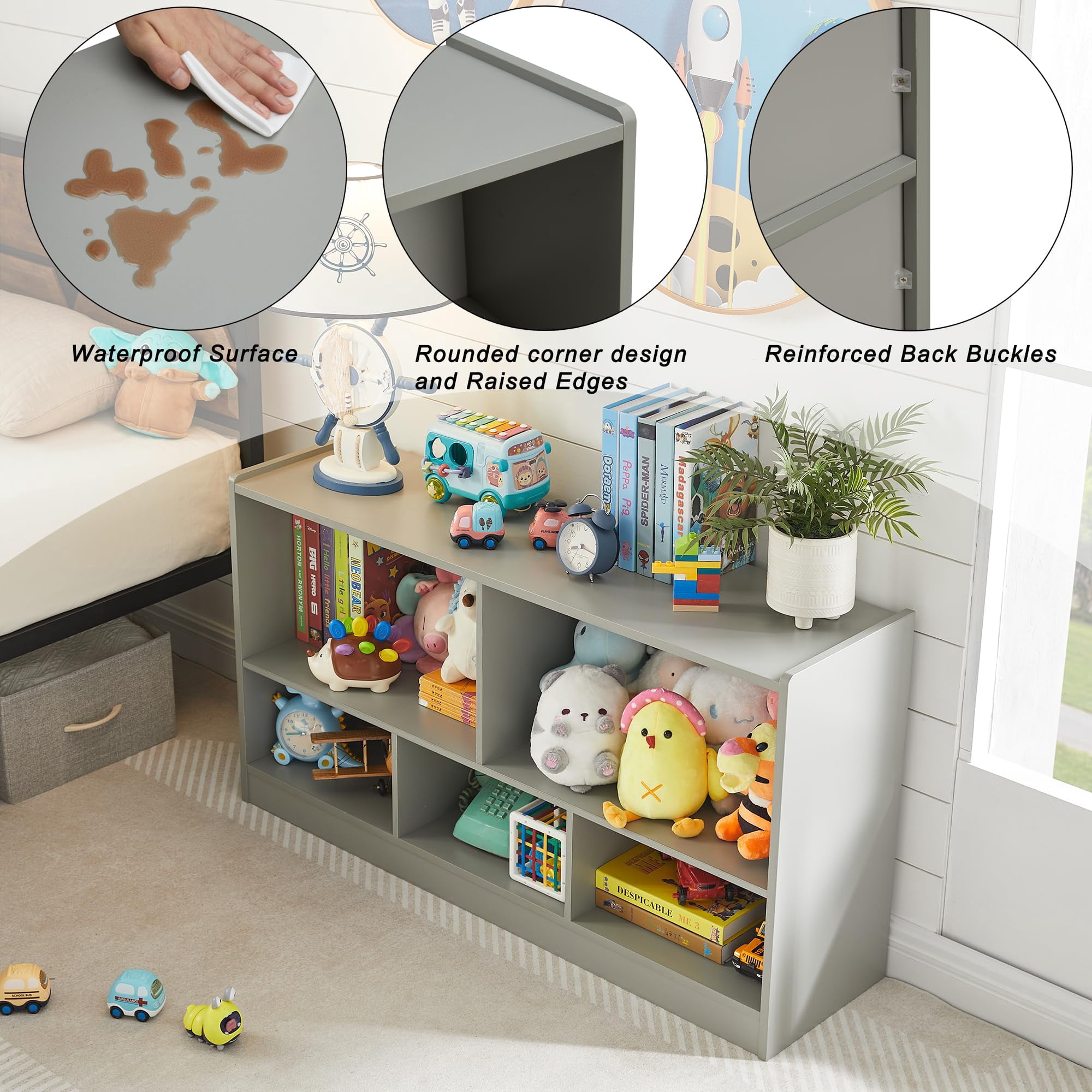 Kids Toy Storage Organizer, 5-Section Storage Cabinet for Organizing Books Toys, Wooden Bookshelf Daycare Furniture for School, Classroom Playroom, Nursery, Kindergarten (Gray)