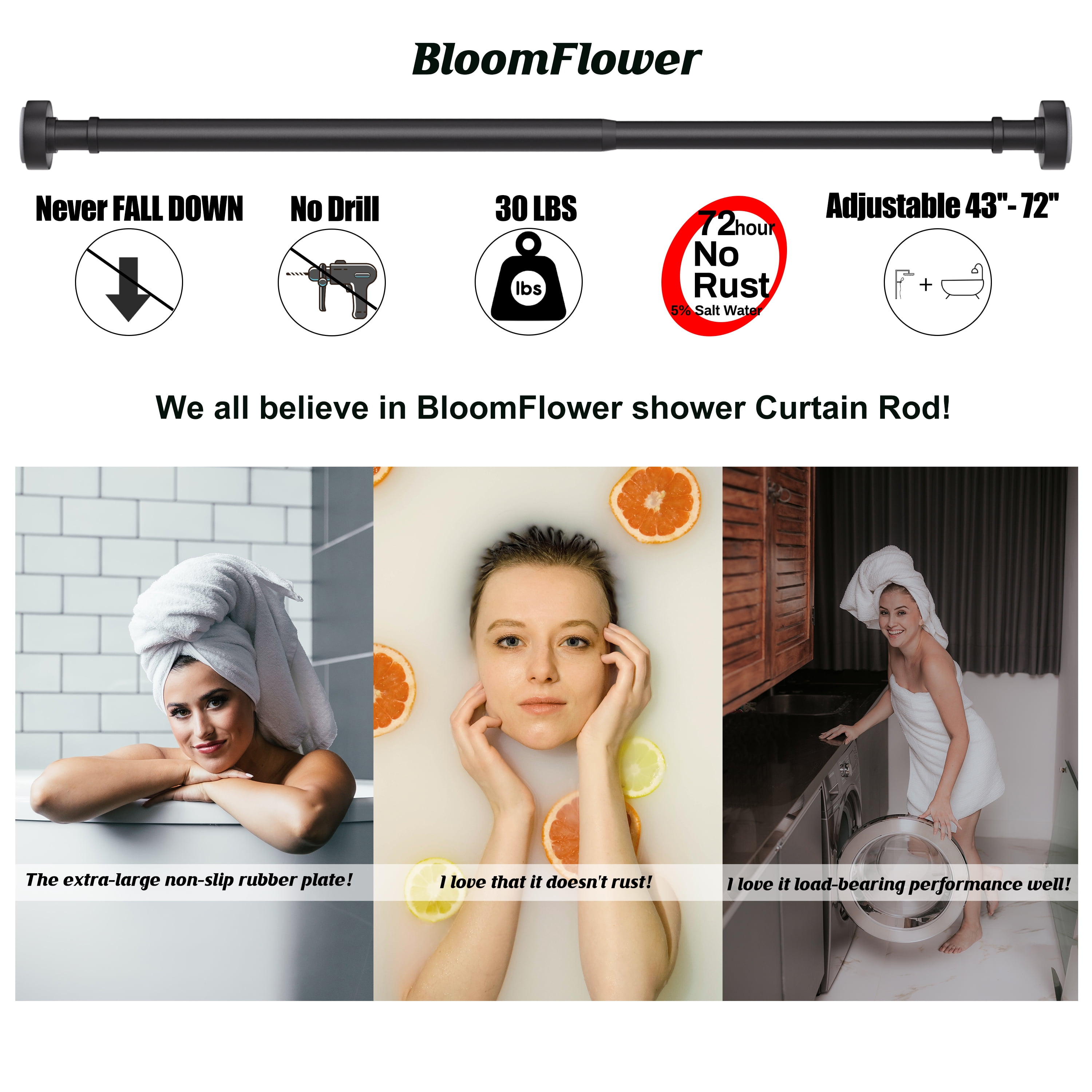 BloomFlower Black Shower Curtain Rod,43''-72'',Never Rust,Never Slip,No Drill,Matte,Adjustable Tension Metal Rod