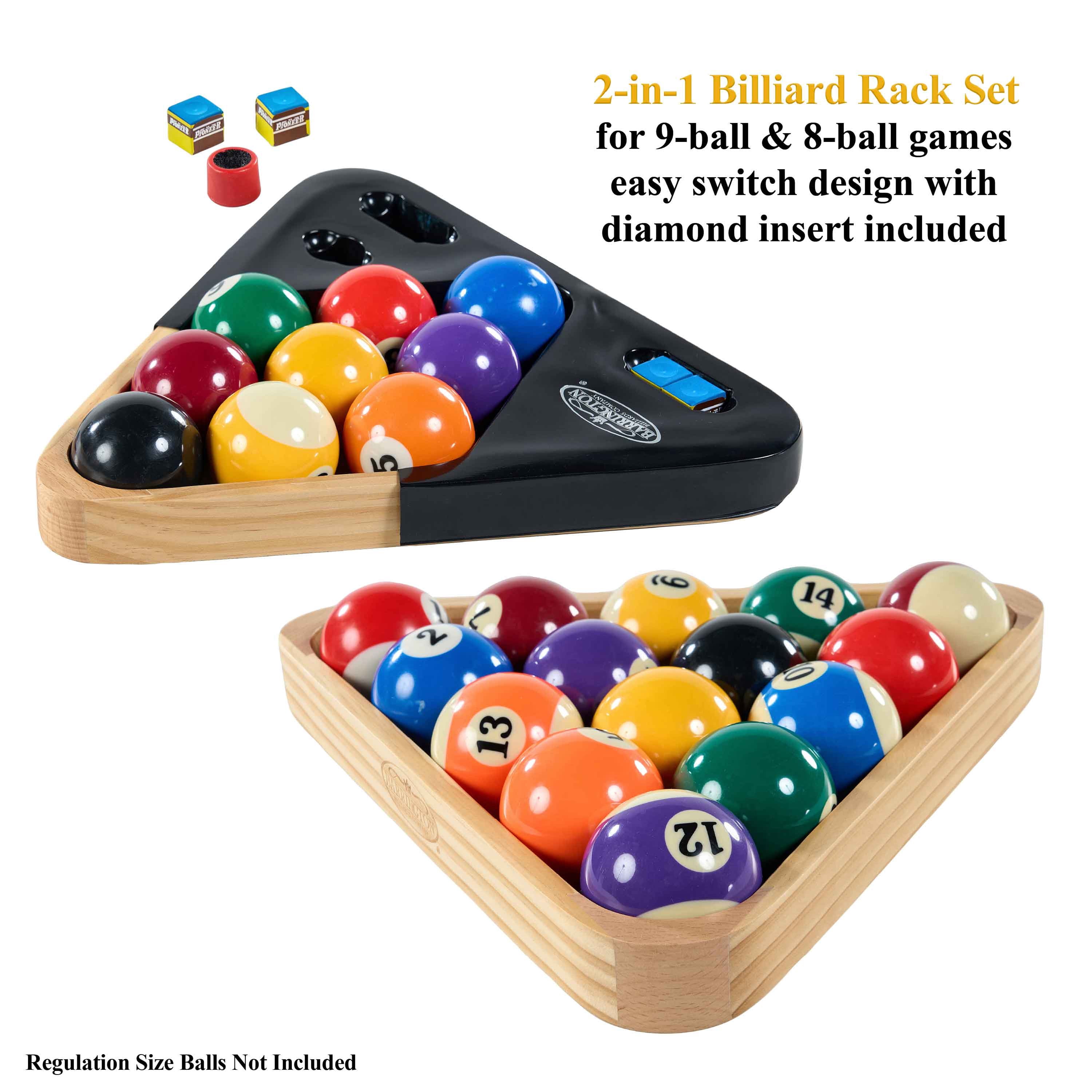 2-in-1 Pool Ball Rack Kit, Wood Triangle and 9-Ball Insert, Includes Cue Tip Scuffer and 4 Chalk Cubes with Built-in Storage by Barrington Billiards