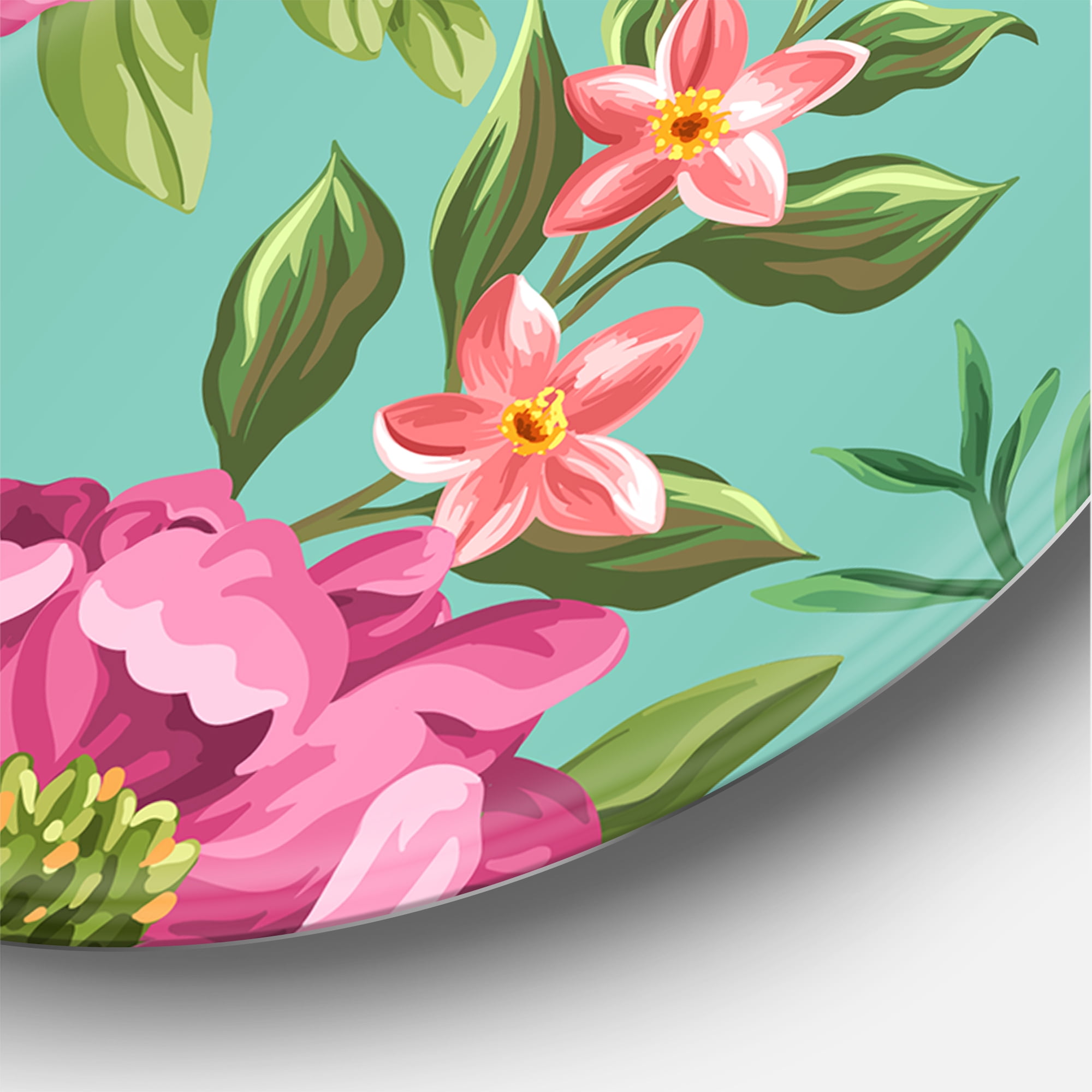 Designart 'Fuchia Pink Flowers On Green VIntage' Traditional Circle Metal Wall Art 23x23 - Disc of 23