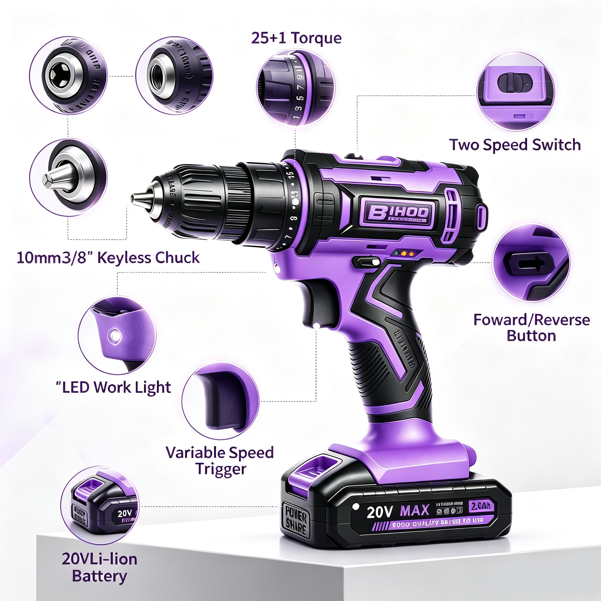 BIHOO 20V Cordless Drill Driver Kit, Purple, for Women photo 8