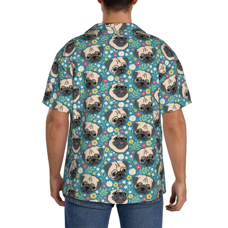 Qokaie PUG HEAD And Flower Print Mens Casual Wrinkle Free Shirts