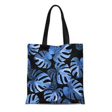 SIDONKU Canvas Tote Bag Blue Floral Pattern Watercolour Exotic Monstera Leaves Cobalt Jungle Reusable Shoulder Grocery Shopping Bags Handbag