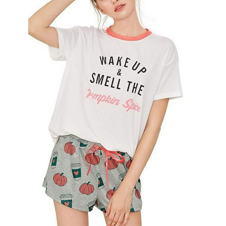 Summer Women Cotton Pajamas Set Short Sleeve Cartoon Print Sleepwear Top+ Shorts