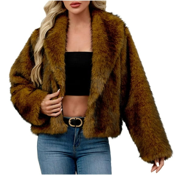 Women's Fashion Cropped Faux Fur Lapel Jacket Casual Long Sleeve Open Front Fluffy Outerwear Shaggy Short Coat