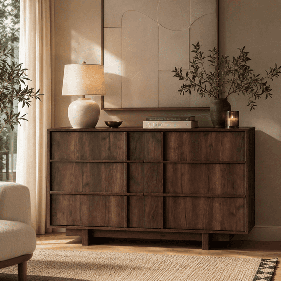 Wetalus 47" Mid Century Modern 6 Drawer Dresser, Skeleton Line, Walnut