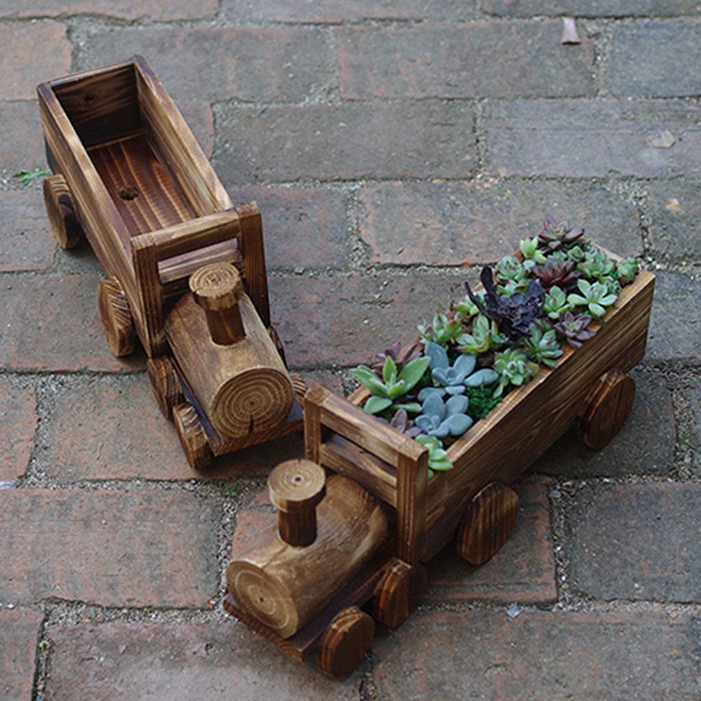 Retro Wooden Train Flower Pot Succulent Plant Potted Bonsai Planter Home Garden