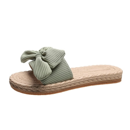 

ZIZOCWA Women Flat Slippers Summer Fashion Solid Color Knitted Bow Decor Straw Woven Open Toe Slippers Non-Slip Boho Style Sandals Green Size7.5