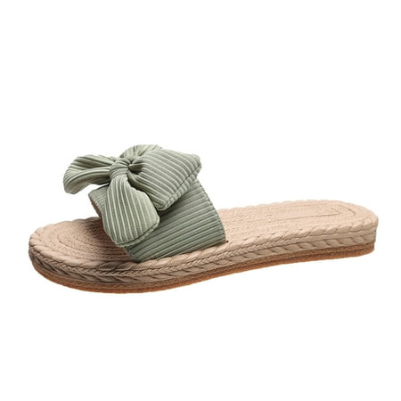 

Ladies Slippers Ladies Fashion Solid Color Cloth Bow Decoration Straw Woven Flat Open Toe Slippers Women s Shoes