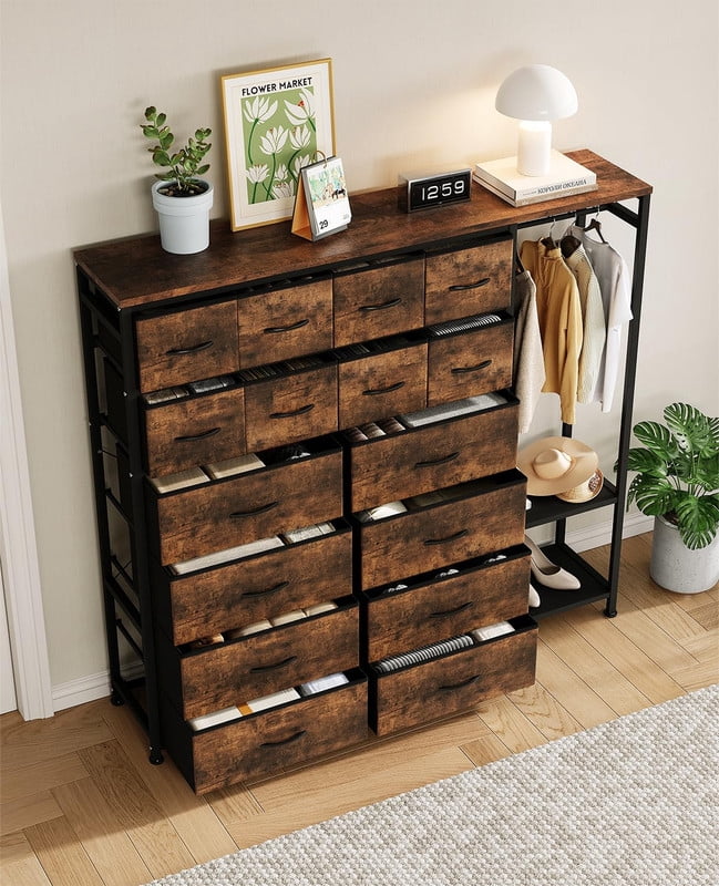 TROPOW Tall Dresser for Bedroom with 16 Drawers & Clothes Rack & 2 Storage Shelves, Fabric Dressers & Chests of Drawers, Large Closet Dresser for Storage and Organization