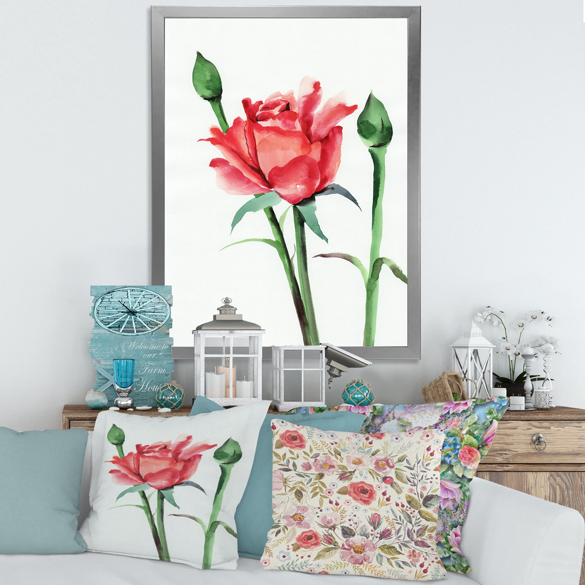 Designart 'Buds With Red Rose' Traditional Framed Art Print