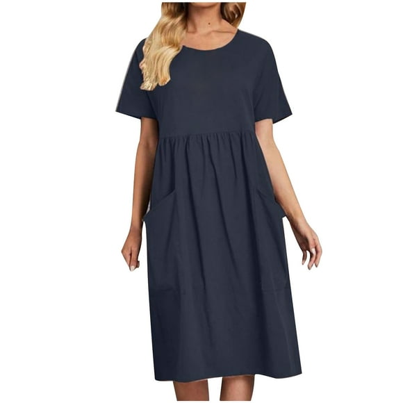 QIPOPIQ Women Casual Short Sleeve Dresses Empire Waist Knee Length Dress with Pockets Clearance