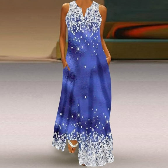 Wycnly Summer Dresses for Women Summer Dresses for Women Loose Pocket Evening Party Formal Tank Maxi Dresses Girls Formal Tie-Dye Print V-Neck Sleeveless Long Sundresses