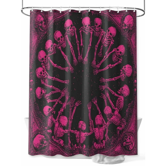 Halloween Standard Shower Curtain Set, Waterproof Shower Curtains for Bathroom, Vintage Skeleton Pink Fall Holiday Washable Fabric Cloth Bath Curtain for Bathtub Decoration with Hooks 72x72 Inches