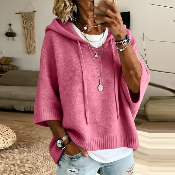 Womens Solid Hooded Knit Pullover Sweater, Drawstring 3/4 Batwing Sleeve Oversized Loose Ribbed Knitted Drop Shoulder Soft Comfy Winter Trendy Outfit