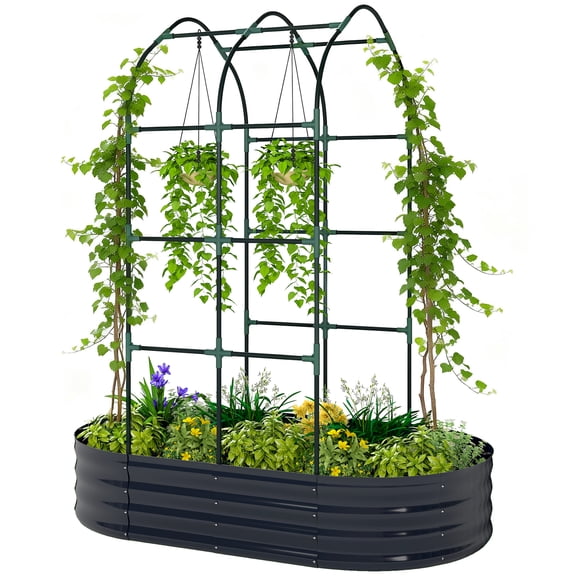 Galvanised Raised Garden Bed with Arched Trellis, 5 x 3 x 6ft Metal Outdoor Planter Box with Open Bottom, Dark Gray
