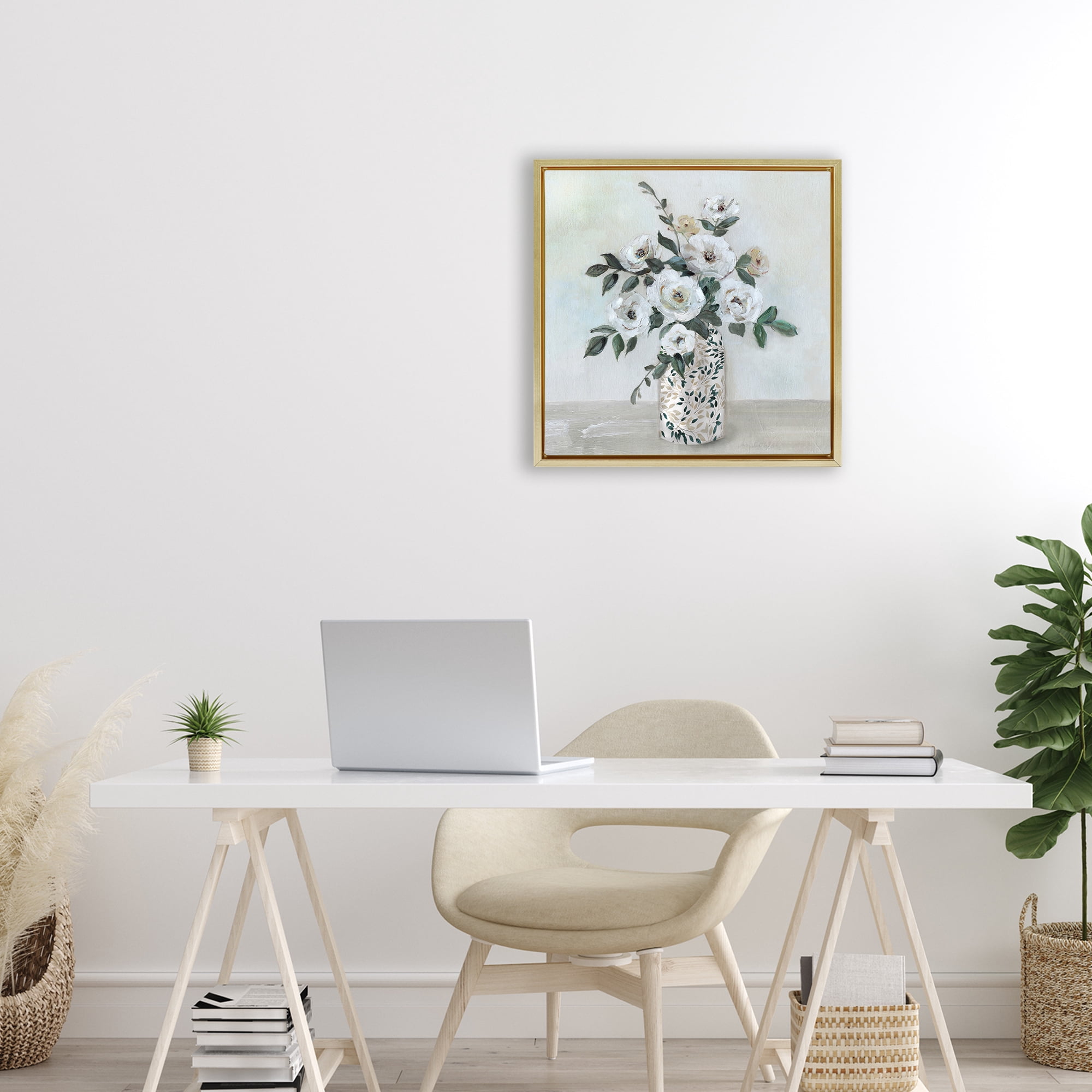 Stupell Industries Leaf Patterned Flower Vase Gold Framed Floater Canvas Wall Art, design by Sally Swatland