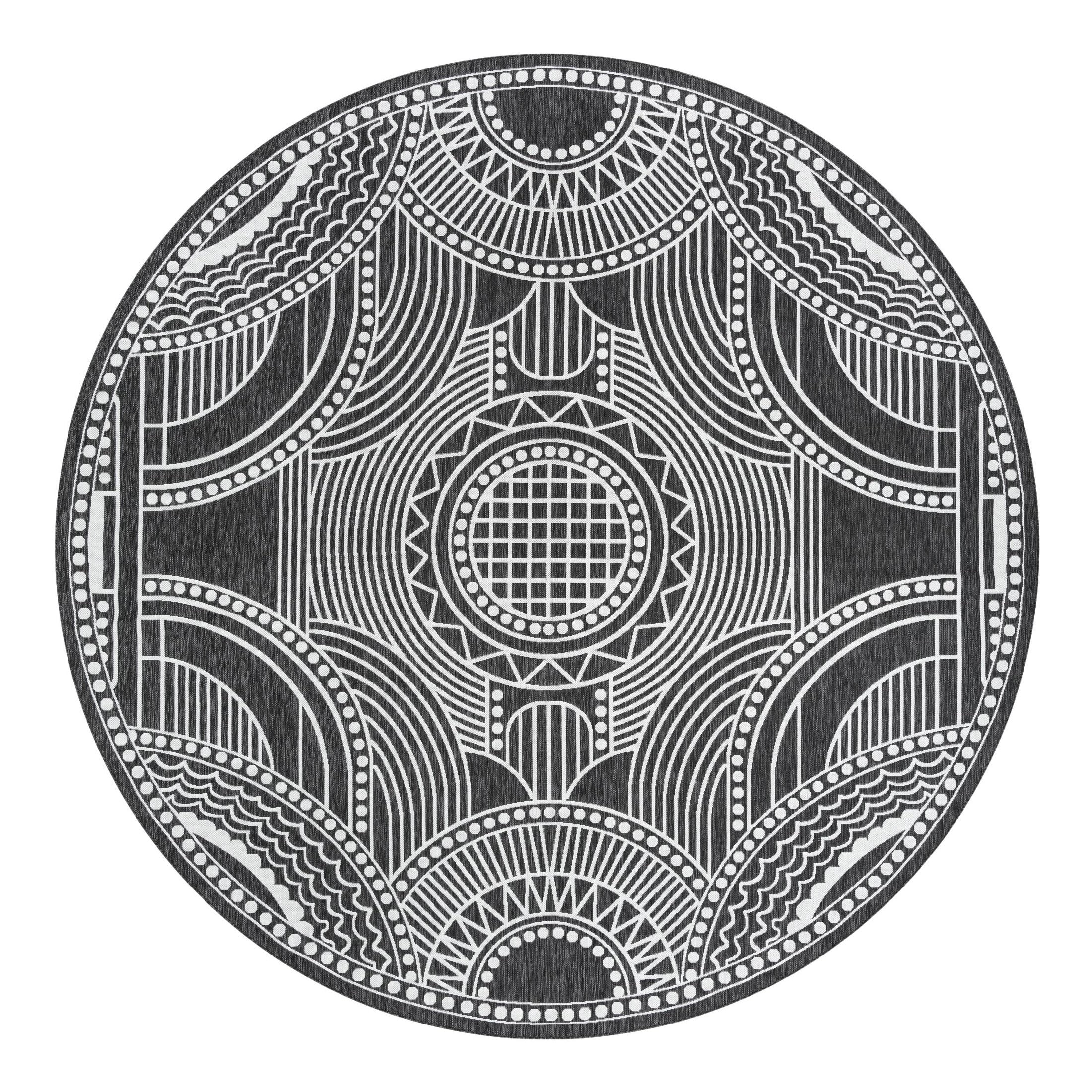 Unique Loom Outdoor Traditional Collection Area Rug - Deco (12' Round Black and White)