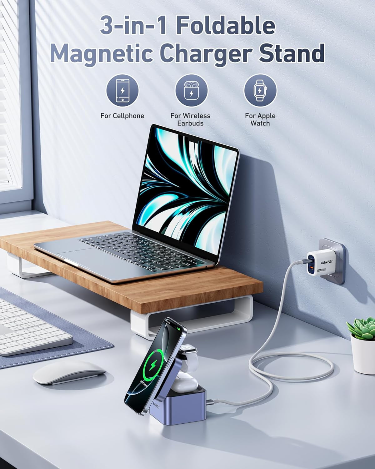 BENFEI 3-in-1 Foldable Charger Stand,Wireless Charging Station for iPhone 16/15/14/13/12 Series, Apple Watch & AirPods | Compact Cube Design | Includes 33W Power Adapter