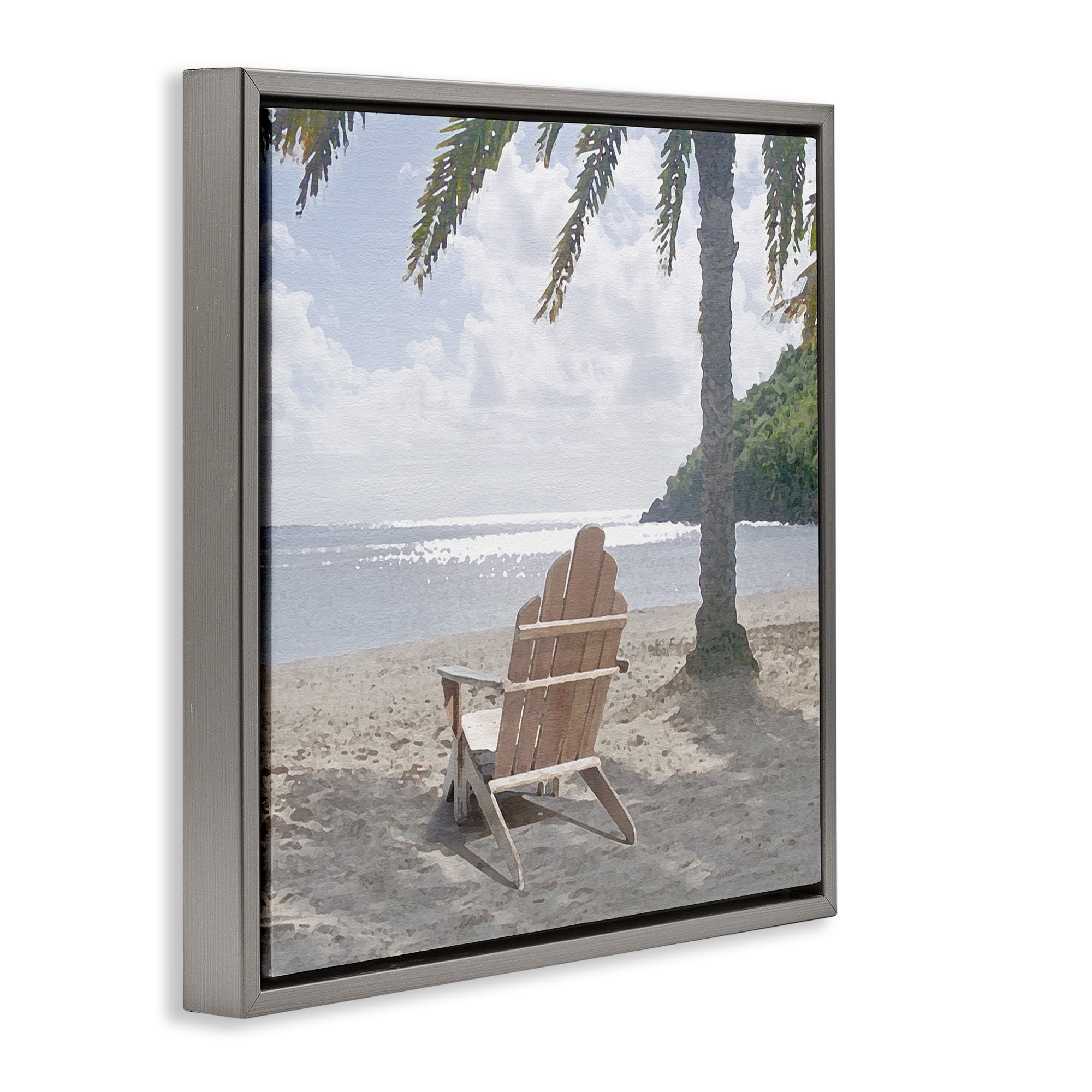 Stupell Industries Chair Under Palm Tree Coastal Photography Gray Floater Framed Canvas Art Print Wall Art, 18 x 18