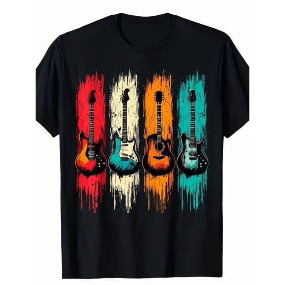 Men's Retro Colorful Electric Acoustic Guitar Graphic T-Shirt