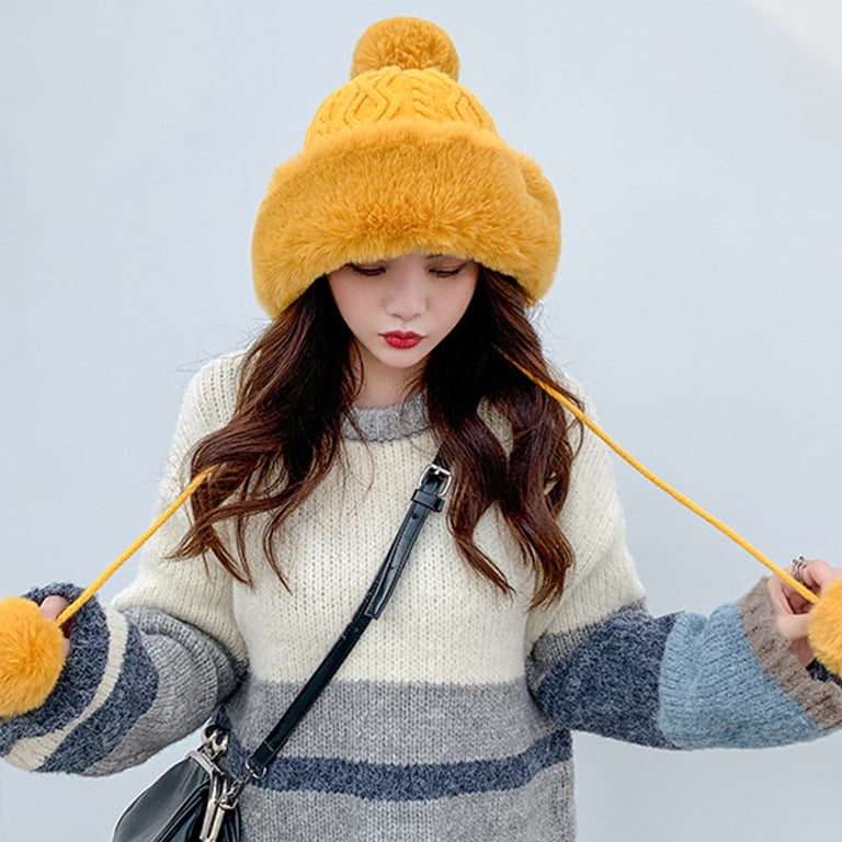 Women\'s Fur Hat with Pompom Winter Knit Beanie Russian Ushanka Trapper Ear Cover PENINSULA LOVE Women Peruvian Trapper Hat Faux Fur Ushanka  main image 2