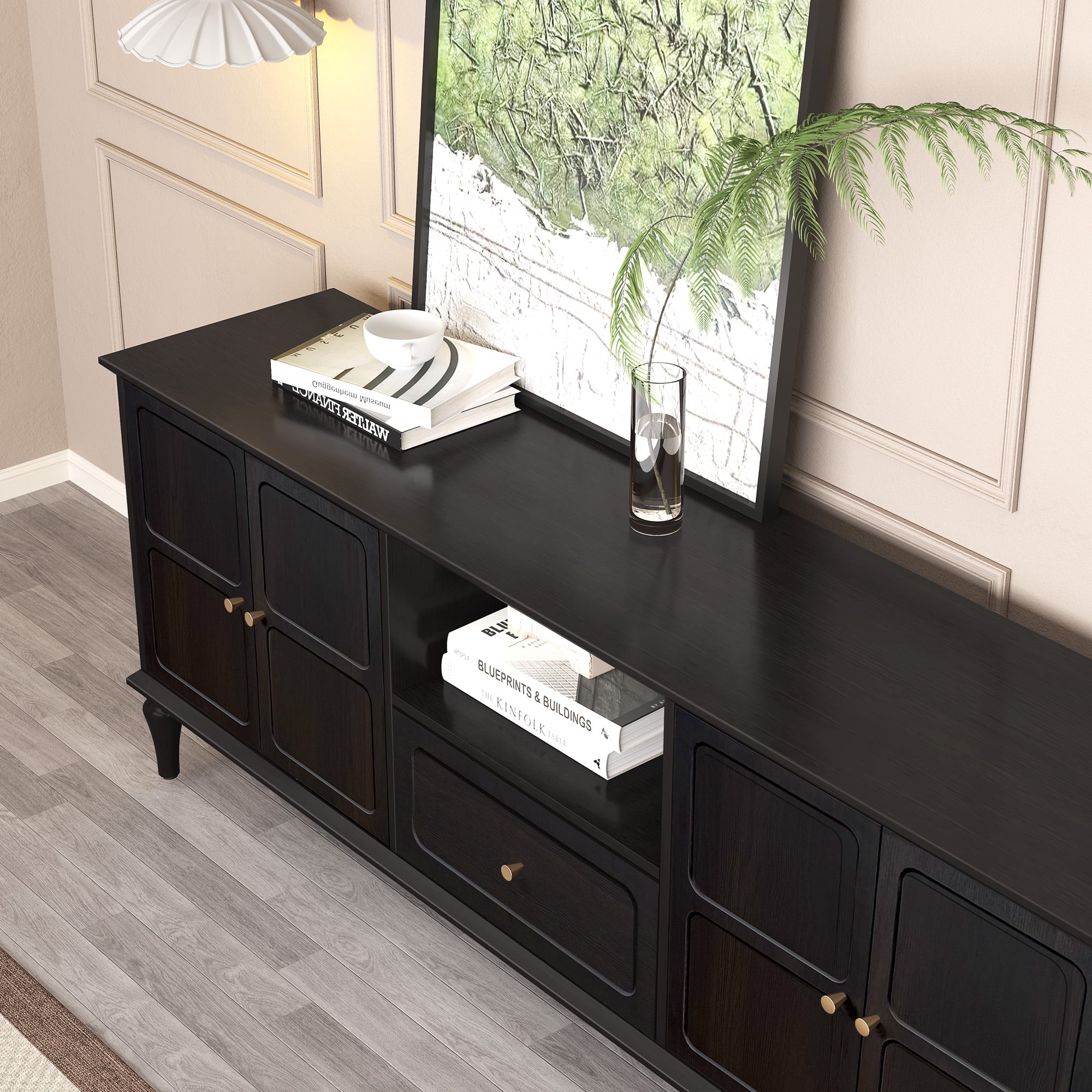 67" Mid-Century TV Stand for TVs up to 75 " , Retro Entertainment Center with Storage Cabinets and Drawers,Black