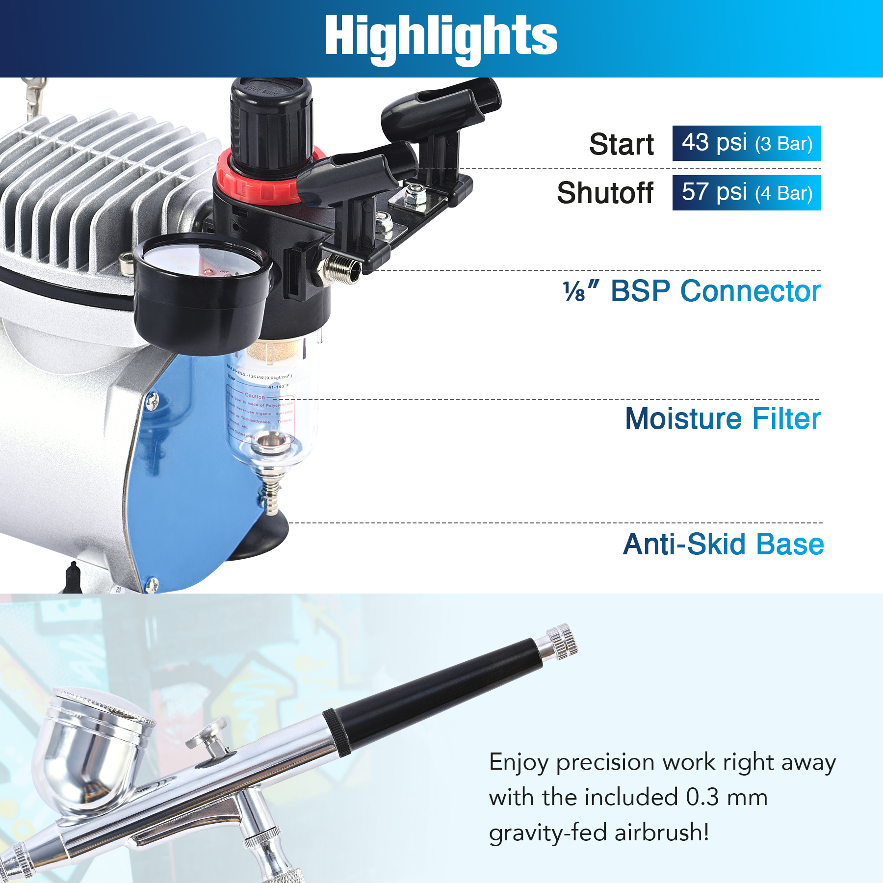 Preenex 110V 1/6 HP Professional Airbrush Compressor and Art Kit, Quiet 1/6hp Single Piston Air Compressor,1750 rpm