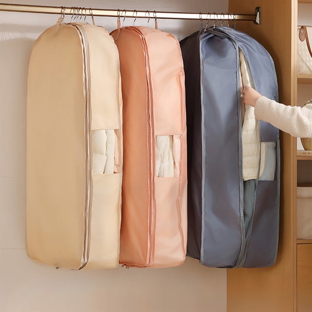 Bolsa de almacenamiento comprimida para ropa colgante - organizador de armario de gran capacidad, cubierta para el polvo, plegable, poliéster, beige/gris/rosa, 35,4"x22,8"x7,8", ahorrador de espacio
