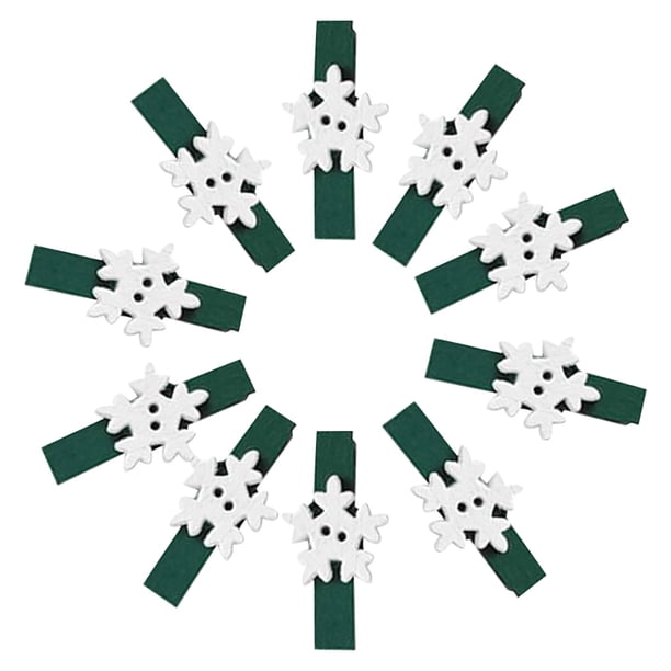 Wosthever Clips de madera Serie navideña Abrazaderas de resorte Clips de madera decorativos impresos con dibujos animados Kits de decoración para fiestas Pinza verde+flor blanca
