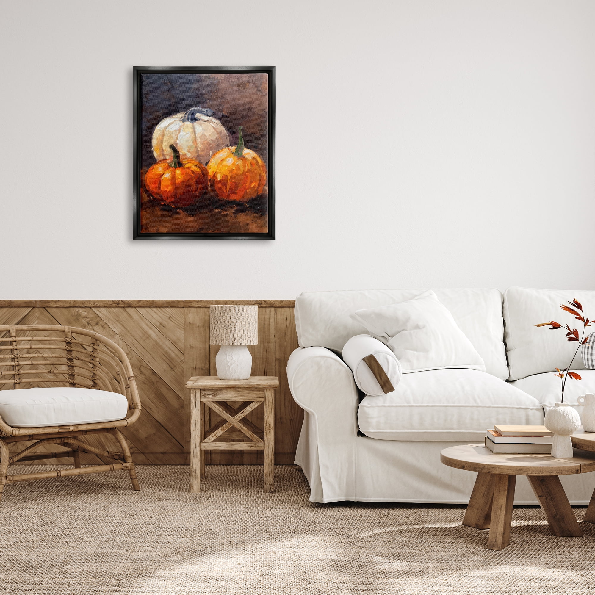 Stupell Industries Pumpkin Painting Still Life Holiday Painting Black Floater Framed Canvas Art Print Wall Art, 25 x 31