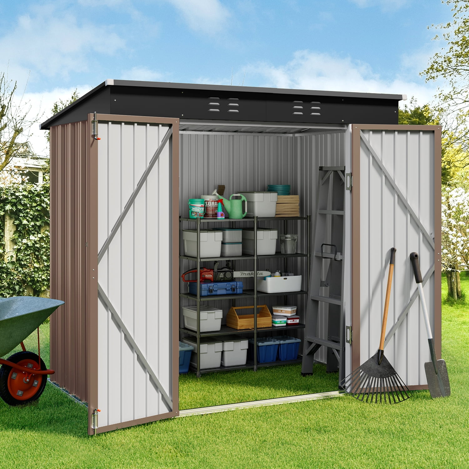 Lofka 6 x 4ft Metal Storage Shed, Garden Shed with Double Lockable Doors, Waterproof Shed & Outdoor Storage Clearance for Backyard Patio Lawn, Brown