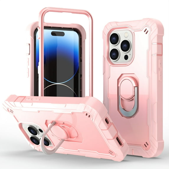 Compatible with iPhone 14 Pro Case 6.1 Inch 2022, Hybrid 2 in 1 Hard PC Soft TPU Heavy Duty Rugged Bumper Shockproof Full-Body Protective Cover with Finger Ring Kickstand,Rosegold