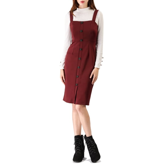 Unique Bargains Women's Button Strap Sheath Suspender Overall Jumper Dress XL Burgundy