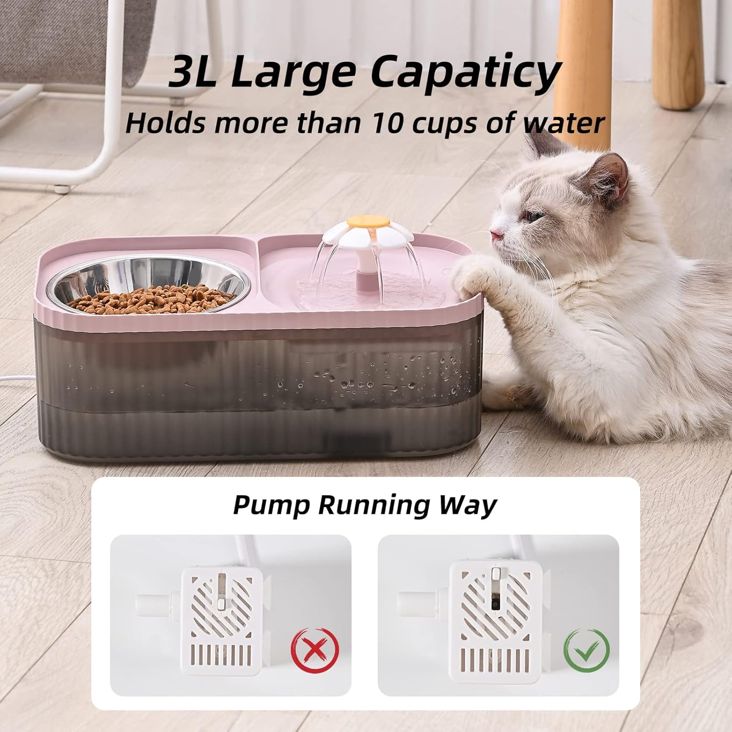 Asivwid Cat Water Fountain and Food Bowl, 3L/101oz Ultra Quiet Pet Water Dispenser with Smart Pump and 3 Replacement Filters, Automatic Flower Fountain & Stainless Steel Bowl for Dog Cat