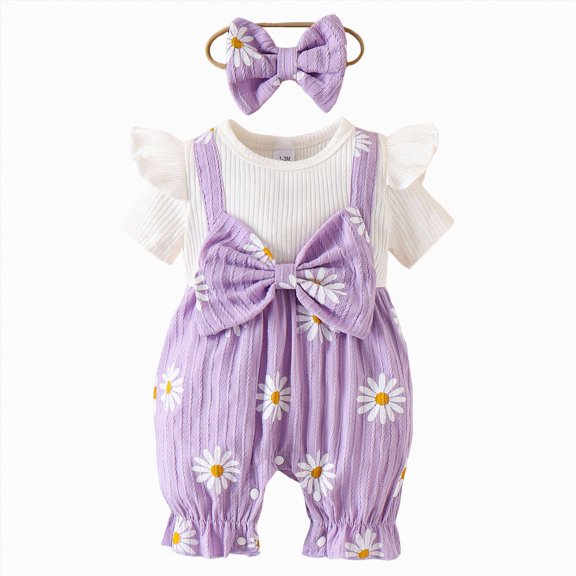 Ulanda Newborn Baby Girl Summer Clothes Short Sleeve Bubble Romper Bow Shorts Jumpsuit Infant Outfit 0 3 6 9 12 18 Months (Purple, 12-18 Months)
