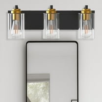 YANSUN 3-Light Matte Black Metal Vanity Light Farmhouse Industrial Wall Sconce with Clear Glass Shade Gold Socket Cups