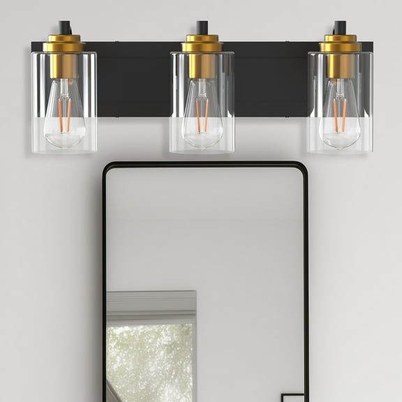 YANSUN 3-Light Matte Black Metal Vanity Light Farmhouse Industrial Wall Sconce with Clear Glass Shade Gold Socket Cups