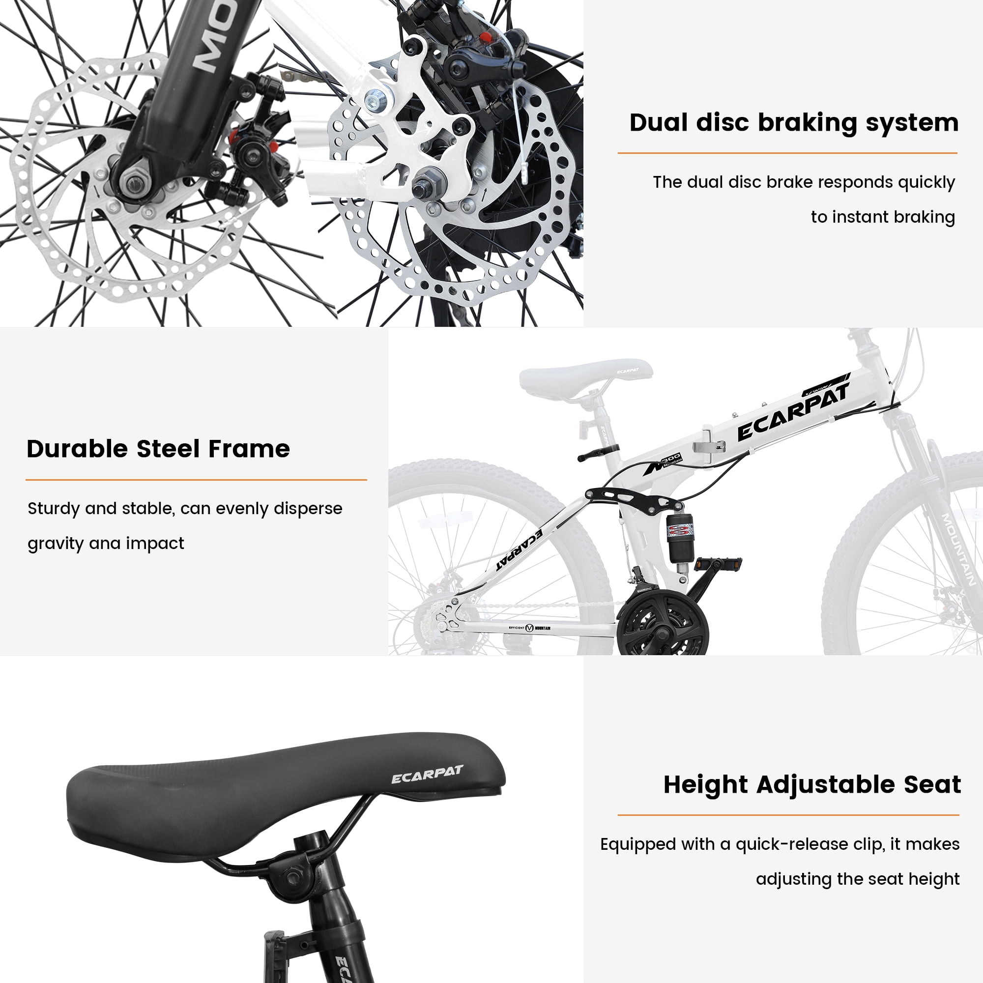 Ecarpat 26 Inch Folding Mountain Bike, 21 Speed Full Suspension Bicycle Dual Disc Brake, Durable Steel Fold Bike for Women and Man