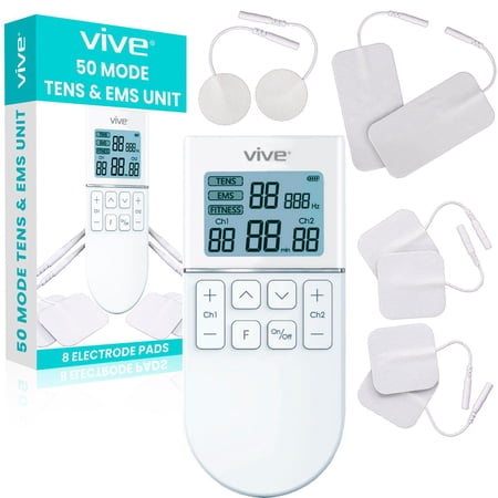 Vive 50-Mode TENS Unit for Pain Relief – Large LCD Screen, 50 Therapy Modes, Muscle Stimulator with 4 Square, 2 Rectangular & 2 Circle Electrode Pads