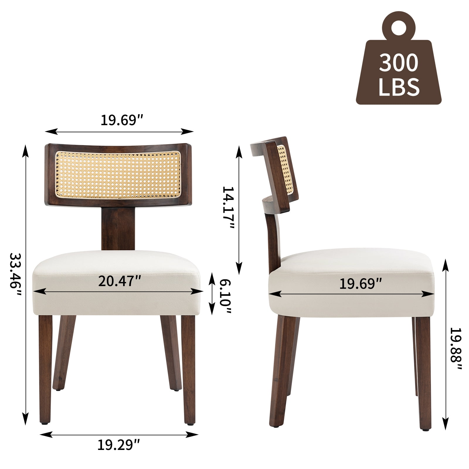 Rattan Dining Chairs Set of 2, Modern Kitchen Dining Room Chair with Curved Cane Back & Hardwood Frame in Walnut Finish, Cream Linen Upholstered