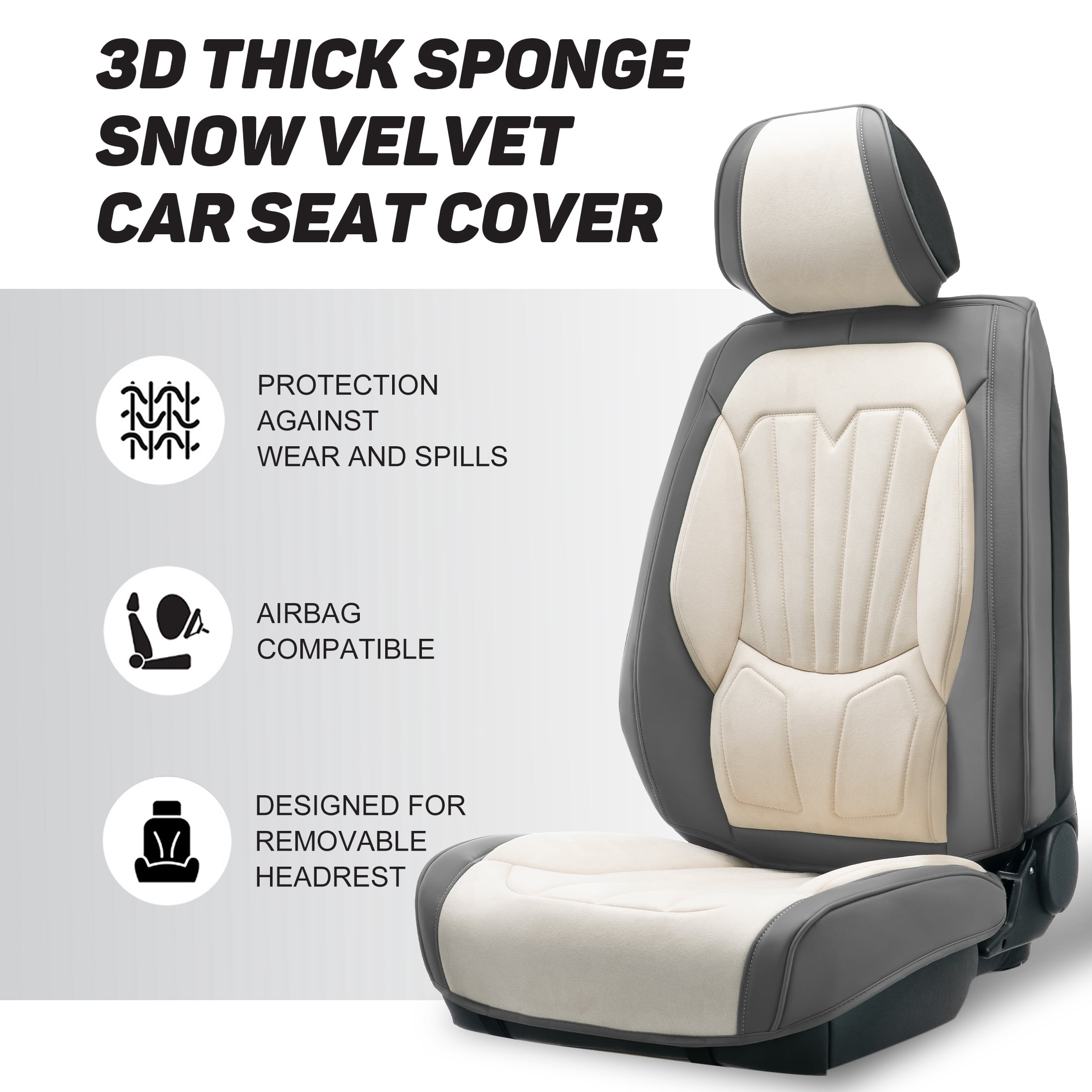 Caromop Universal Car Seat Covers Full Set,3D Foam Support in Velvet & PU Leather,Armrest Compatible for Cars, Trucks, SUVs (Beige/Gray)