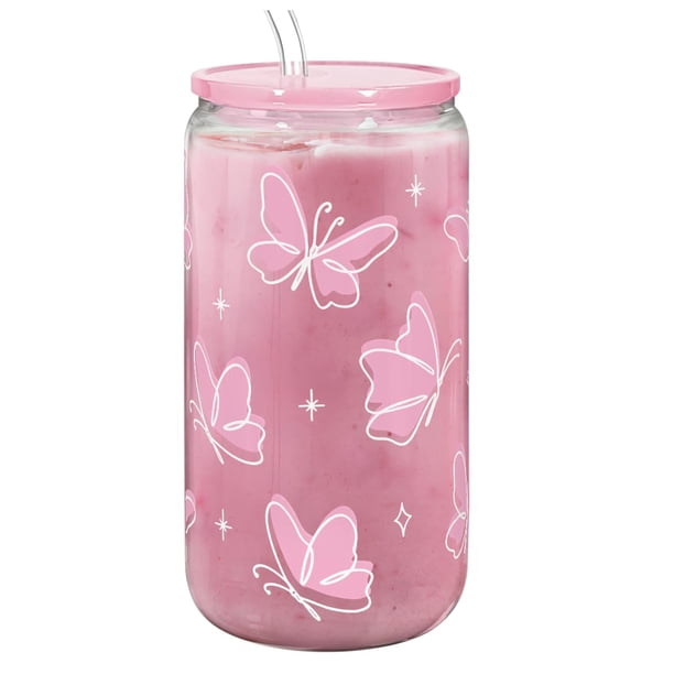 Vaso de cristal SANDJEST Butterfly con tapa acrílica, 473 ml, pajita
