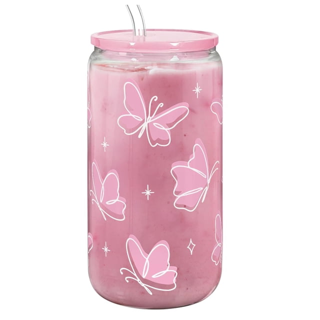 Vaso de cristal SANDJEST Butterfly con tapa acrílica, 473 ml, pajita