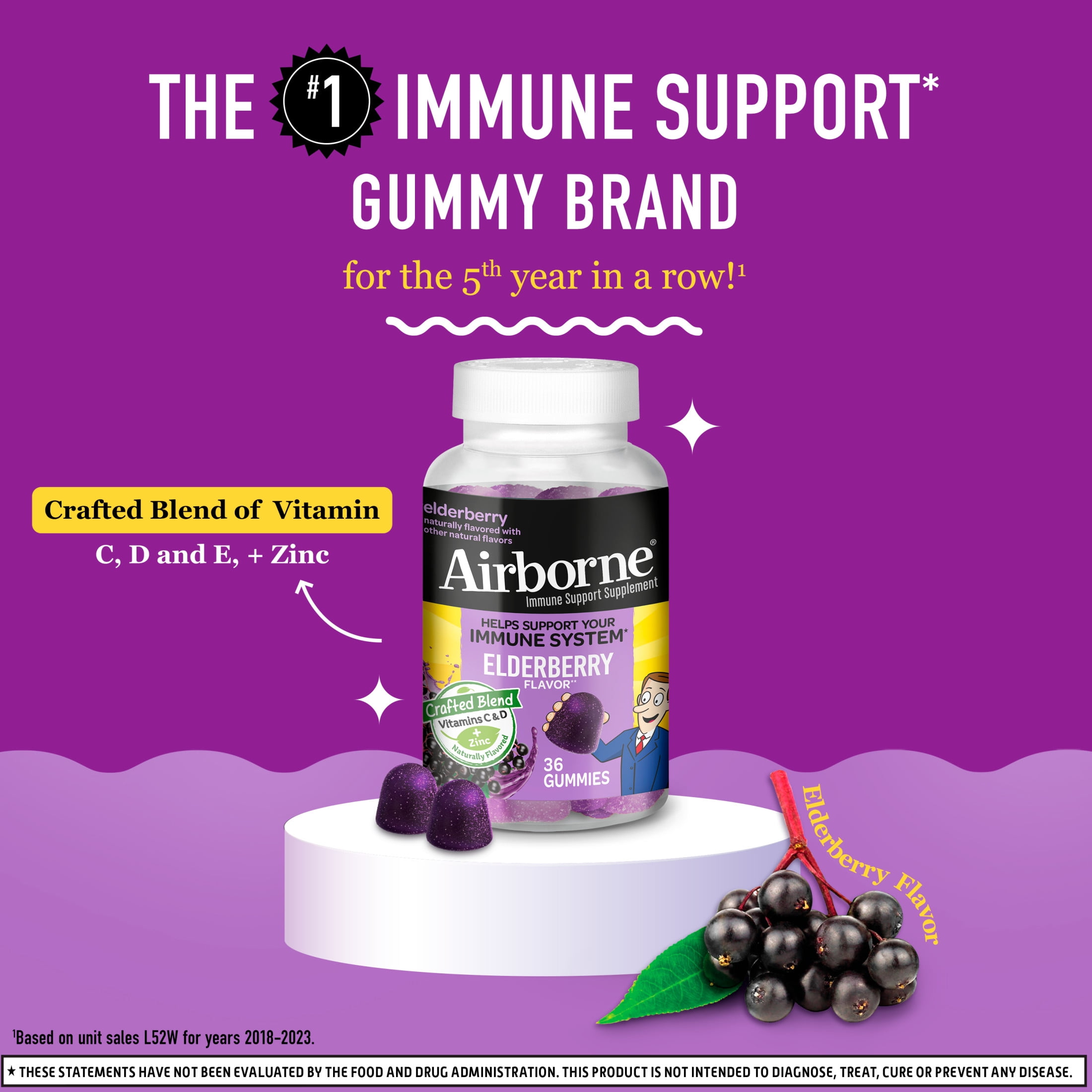 Airborne Vitamin C & Zinc Immune Support Gummies, Multivitamin Supplement, Elderberry Flavor, 36 ct