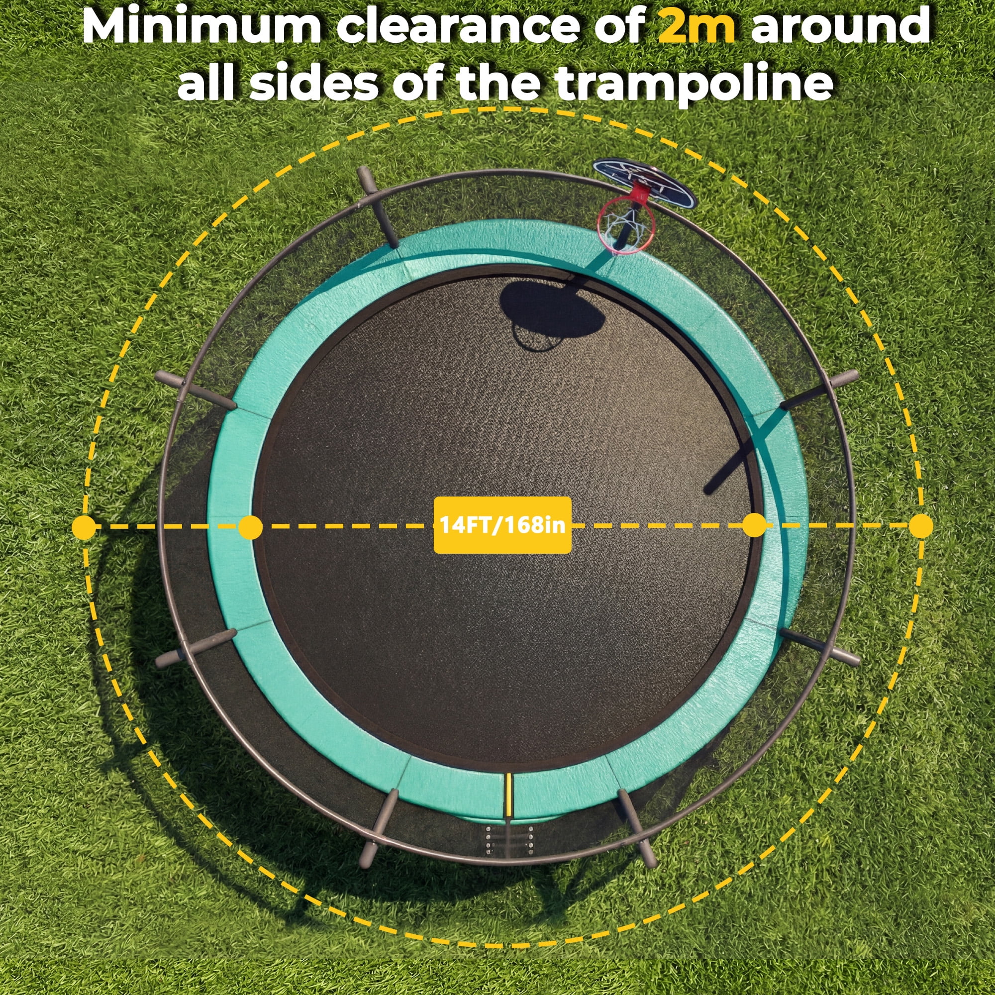 Mersco 14ft Trampoline for Kids and Adults, Pumpkin Outdoor Trampoline with Basketball Hoop,Enclosure Net and Storage Bag, Trampoline SPACE for Boys and Girls Birthday Gifts,Green